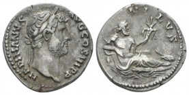 Hadrian, 117-138 Denarius circa 130-133, AR 18mm., 3.59g. Laureate head r. Rev. Nilus reclining r., holding reed and cornucopia; to r., hippopotamus s...