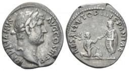 Hadrian, 117-138 Denarius circa 130-133, AR 18mm., 3.30g. Laureate head r. Rev. Hadrian, togate, standing r., holding roll in l. hand and extending r....