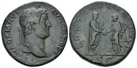 Hadrian, 117-138 Sestertius circa 134-138, Æ 30mm., 25.25g. Bare head r. Rev. Hadrian standing r., holding roll and clasping hand with Fortuna standin...