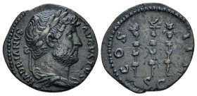 Hadrian, 117-138 Quadrans circa 134-134, Æ 18.8mm., 2.43g. HADRIANVS AVGVSTVS P P Laureate head r. Rev. COS III Three standards; in field, S-C. RIC 97...