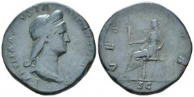 Sabina, wife of Hadrian Sestertius circa 128-138, Æ 31mm., 26.88g. Diademed and draped bust r. Rev. Vesta seated l., holding palladium and sceptre. C ...