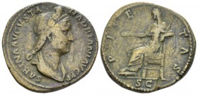 Sabina, wife of Hadrian As circa 130-133, Æ 27.7mm., 14.41g. Diademed and draped bust r., with queue and stephane. Rev. Pietas seated l., holding pate...