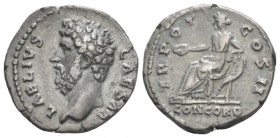 Aelius Caesar, 136-138 Denarius circa 137, AR 17mm., 3.42g. Bare head l. Rev. Concordia seated l. on throne, holding patera and resting elbow on cornu...