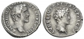 Antoninus Pius, 138-161 Denarius circa 140, AR 18mm., 3.12g. Bare head of A. Pius r. Rev. Bareheaded and draped bust of M. Aurelius r. RIC 415c. C 21....