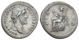 Antoninus Pius, 138-161 Denarius circa 140-143, AR 18mm., 3.35g. Laureate head r. Rev. Italia, towered, seated l. on globe, holding cornucopiae and sc...