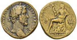 Antoninus Pius, 138-161 Sestertius circa 141-143, Æ 31.9mm., 26.71g. Laureate head r. Rev. Britannia seated l. on heap of rocks, holding signum and sp...