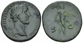 Antoninus Pius, 138-161 Sestertius circa 145-161, Æ 28.4mm., 19.13g. Laureate head r. Rev. Mars advancing r., holding spear and resting trophy over sh...