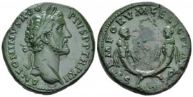 Antoninus Pius, 138-161 Sestertius circa 148-149, Æ 32mm., 24.52g. Laureate head r. Rev. Crossed cornuacopiae from which a grape bunch flanked by two ...