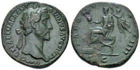 Antoninus Pius, 138-161 Sestertius circa 151-152, Æ 33mm., 25.10g. Laureate head r. Rev. Antoninus togate seated l. on curule chair, holding globe and...