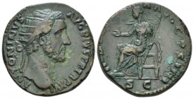 Antoninus Pius, 138-161 Dupondius circa 152-153, Æ 25mm., 13.77g. Radiate head r. Rev. Indulgentia seated l., holding transversal sceptre in l. hand a...