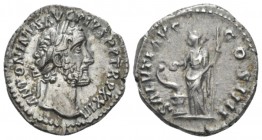 Antoninus Pius, 138-161 Denarius circa 159-160, AR 17.2mm., 3.12g. Laureate head r. Rev. SALVTI AVG COS IIII Salus standing l., feeding snake coiled a...