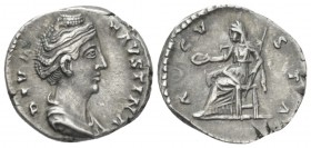 Diva Faustina. Denarius after 141, AR 18mm., 3.30g. Draped bust r. Rev. Pudicitia seated l. on throne, holding patera and sceptre. C 119. RIC A. Pius ...