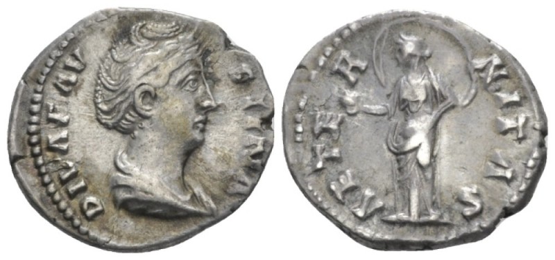 Diva Faustina. Denarius After 141, AR 18.4mm., 3.31g. Draped bust r., hair waved...