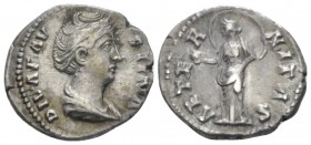 Diva Faustina. Denarius After 141, AR 18.4mm., 3.31g. Draped bust r., hair waved and coiled on top of head. Rev. Providentia (?) standing l., veil blo...