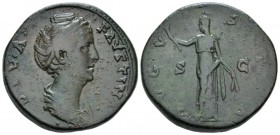 Diva Faustina. Sestertius after 141, Æ 30mm., 25.19g. Draped bust r. Rev. Ceres standing l., holding torch in r. hand and corn ears in l. C 85. RIC A....