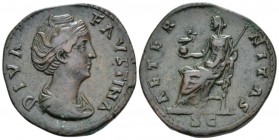 Diva Faustina. Sestertius After 141, Æ 33mm., 20.11g. Diademed bust r. Rev. Aeternitas seated l. on throne, holding peacock on globe and transverse sc...