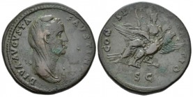 Diva Faustina. Sestertius after 141, Æ 33mm., 27.41g. Veiled bust r. Rev. Faustina seated facing on an r. upwards flying eagle. Her head turned to r.,...