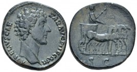 Marcus Aurelius Caesar, 139-161. Sestertius circa 145, Æ 30mm., 25.20g. Bare head r. Rev. Marcus Aurelius, holding eagle-tipped sceptre in l. hand, st...