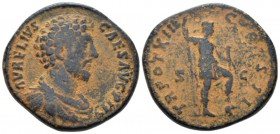 Marcus Aurelius Caesar, 139-161 Sestertius circa 158-159, Æ 32.3mm., 23.83g. Bare-headed, draped, and cuirassed bust r. Rev. TR POT XIII COS II Virtus...