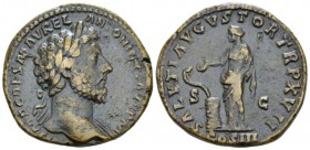 Marcus Aurelius, 161-180 Sestertius circa 162-163, Æ 32mm., 26.36g. Laureate head r. Rev. Salus standing l., holding sceptre and feeding snake twined ...