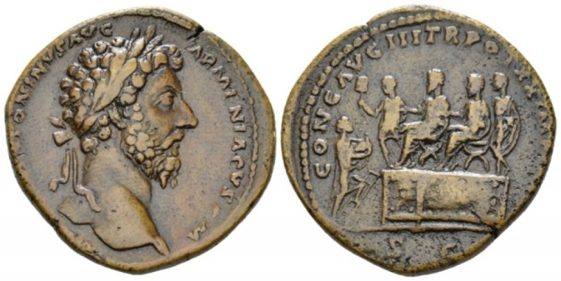 Marcus Aurelius, 161-180 Sestertius circa 165-166, Æ 30mm., 22.37g. Laureate hea...