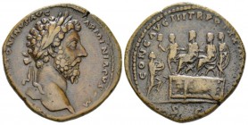 Marcus Aurelius, 161-180 Sestertius circa 165-166, Æ 30mm., 22.37g. Laureate head r. Rev. Aurelius and Verus seated l. on platform; behind them, prefe...