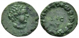 Period of Marcus Aurelius. Quadrans -, Æ 17.6mm., 3.35g. Draped bust of small boy representing summer. Rev. S C within a wreath of olive branches. RIC...