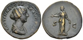 Faustina junior, daughter of Antoninus Pius and wife of Marcus Aurelius Sestertius circa 144-147, Æ 33mm., 26.11g. Draped bust r. Rev. Diana standing ...