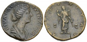 Diva Faustina. Sestertius circa 161-176, Æ 30mm., 23.00g. Draped bust r. Rev. Ceres standing to front, head l., holding torch in l. hand and drawing v...