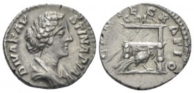 Diva Faustina. Denarius circa 176-180, AR 18mm., 2.46g. Draped bust r. Rev. Draped throne on which sceptre leaning.; at base, peacock r. C 73. RIC M. ...