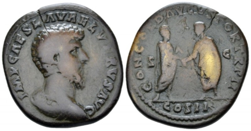 Lucius Verus, 161-169 Sestertius circa 161-162, Æ 33mm., 22.41g. Bare-headed and...