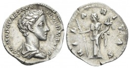 Commodus Caesar, 166-177 Denarius circa 175-176, AR 18.3mm., 2.97g. Bare-headed and draped bust r. Rev. Hilaritas standing l., holding long palm frond...