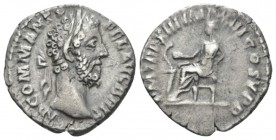 Commodus, 177-192 Denarius circa 179, AR 17.6mm., 2.58g. Laureate head r. Rev. Salus seated left, feeding snake twined around altar. RIC 663 var.

T...