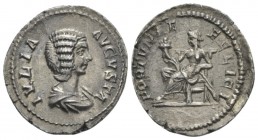 Julia Domna, wife of Septimius Severus Denarius circa 207-211, AR 20mm., 3.43g. Draped bust r. Rev. Fortuna seated l., holding cornucopia and rudder s...