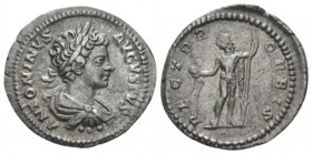 Caracalla, 198-217 Denarius circa 199-200, AR 20mm., 3.49g. Laureate, draped and cuirassed bust r. Rev. Jupiter standing facing, head l., holding glob...