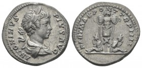 Caracalla, 198-217 Denarius circa 201, AR 19mm., 3.51g. Laureate, draped and cuirassed bust r. Rev. Trophy; at sides, two captives. C 175. RIC 54b.
...