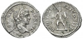 Caracalla, 198-217 Denarius circa 208, AR 20.4mm., 3.42g. ANTONINVS PIVS AVG Laureate head r. Rev. PONTIF TR P XI COS III Mars in fighting stance r., ...