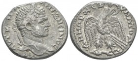 Caracalla, 198-217 Tetradrachm Antioch circa 214-215, AR 26.7mm., 12.36g. Laureate head r. Rev. Eagle standing facing on leg of animal, head turned ri...