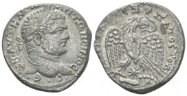 Caracalla, 198-217 Tetradrachm Antioch circa 215-217, AR 26mm., 12.19g. Laureate head r. Rev. Eagle standing facing on small club r., head r., with wr...