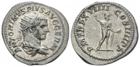 Caracalla, 198-217 Antoninianus circa 216, AR 23mm., 5.28g. Radiate, draped and cuirassed. Rev. Sol standing r., holding globe. C 358. RIC 281a.

Ex...