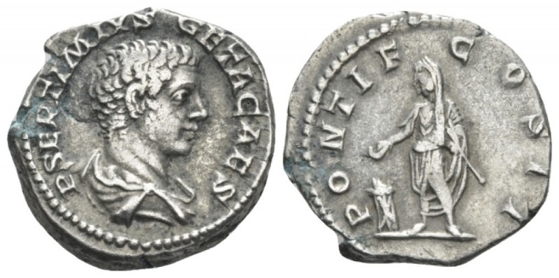 Geta Caesar, 198-209 Denarius circa 208, AR 18.5mm., 3.57g. Bare-headed and bear...