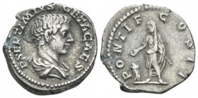 Geta Caesar, 198-209 Denarius circa 208, AR 18.5mm., 3.57g. Bare-headed and bearded head r. Rev. Genius standing l., sacrificing from patera over alta...