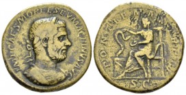 Macrinus, 217-218 Sestertius circa 217, Æ 32mm., 22.34g. Laureate and cuirassed bust r. Rev. Salus seated l. feeding snake coiled around altar. C 74. ...