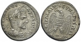 Macrinus, 217-218 Tetradrachm Laodicaea ad Mare circa 217-218, billon 27mm., 11.79g. Laureate, draped and cuirassed bust r. Rev. Eagle standing ., hol...