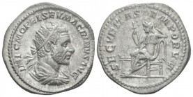 Macrinus, 217-218 Antoninianus circa 217-218, AR 22mm., 4.77g. Radiate and cuirassed bust r. Rev. Securitas seated l.; before, lighted altar. C 126. R...