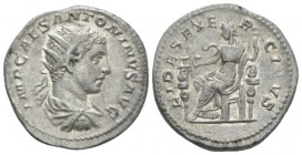 Elagabalus, 218-222 Antoninianus circa 219, AR 23mm., 5.27g. Radiate, draped and cuirassed bust r. Rev. Fides seated l., holding eagle and standard; b...