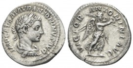 Elagabalus, 218-222 Denarius circa 218-222, AR 19.5mm., 2.80g. IMP CAES ANTONINVS AVG Laureate and draped bust r. Rev. VICTOR ANTONINI AVG Victory run...