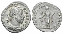 Elagabalus, 218-222 Denarius circa 221-222, AR 17.5mm., 2.48g. Laureate, draped bust r. wearing 'horn'. Rev. INVICTVS SACERDOS AVG Elagabalus standing...