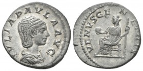 Julia Paula, wife of Elagabalus Denarius circa 219, AR 18mm., 3.34g. Draped bust r. Rev. Venus seated l., holding apple and sceptre. C21. RIC Elagabal...