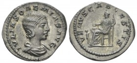 Julia Soemias, mother of Elagabalus Denarius circa 220-222, AR 20mm., 3.08g. Draped bust r. Rev. Venus seated l. on throne, holding apple and sceptre;...